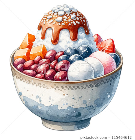 Watercolor illustration of Patbingsu  Shaved ice dessert with sweet toppings 115464612