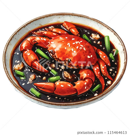 Watercolor illustration of Ganjang Gejang Soy sauce marinated crabin a dish Watercolor illustration of Ganjang Gejang Soy sauce marinated crabin a dish 115464613