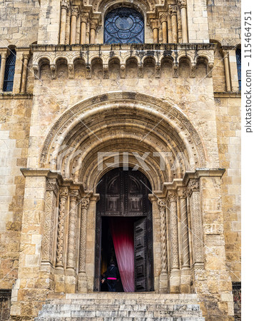 Exterior of the Old Cathedral of Coimbra, Se Velha at Coimbra, Portugal. A Romanesque Roman Catholic church 115464751