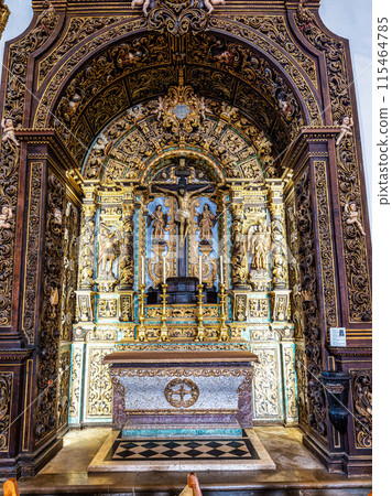 Interior of Faro Cathedral, Se Catedral in Faro, Algarve, Portugal. With walls finely decorated by azulejos tiles. 115464785
