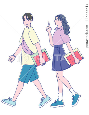 Anime-style young men and women walking with smiles 115465615