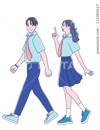 穿著校服微笑行走的動漫風格男女學生 115465617