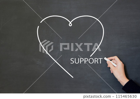 A man's hand drawing a heart and the word support 115465630