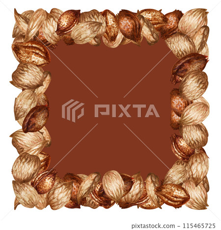 Square frame of apricot kernels and seeds. Watercolor illustration for the design template for label, banner, menu, invitation, wallpaper, advertising of oil in medicine, cosmetology and cooking 115465725