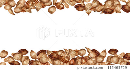 Rectangular border of apricot kernels and seeds. Watercolor illustration for design template for label, banner, menu, invitation, wallpaper, advertisement of oil in medicine, cosmetology and cooking 115465729