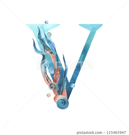 Capital letter V, part of the Latin alphabet decorated in a wet theme with corals, shells, algae, bubbles, blue and coral colors. Hand drawn watercolor illustration. Element isolated from background. Capital letter V, part of the Latin alphabet decorated in a wet theme with corals, shells, algae, bubbles, blue and coral colors. Hand drawn watercolor illustration. Element isolated from background. 115465947