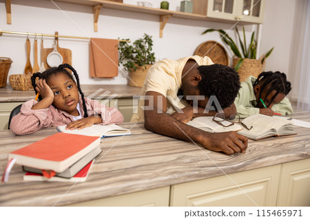 Despair father and children feeling fatigue while doing home tasks Despair father and children feeling fatigue while doing home tasks 115465971