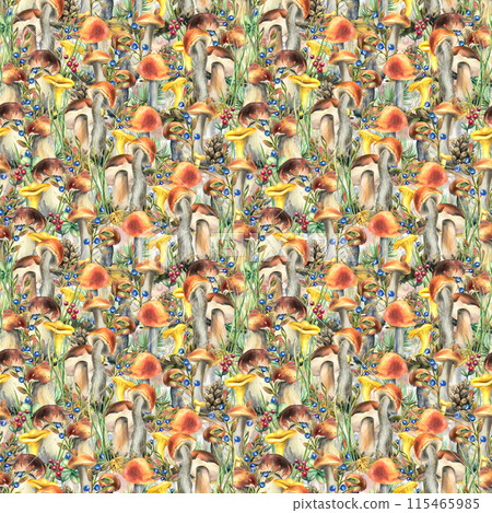 Forest edible mushrooms boletus and chanterelles with blueberries, lingonberries, autumn leaves and twigs. Watercolor illustration, hand drawn. Seamless pattern on a white background. 115465985