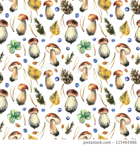 Forest edible boletus mushrooms with blueberries, cones, autumn leaves and twigs. Watercolor illustration, hand drawn. Seamless pattern on a white background. 115465986