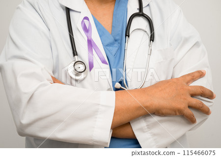 Asian woman doctor with purple ribbon, sign of Alzheimer disease day, Pancreatic cancer, Epilepsy, Lupus. Asian woman doctor with purple ribbon, sign of Alzheimer disease day, Pancreatic cancer, Epilepsy, Lupus. 115466075