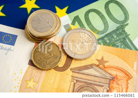 Euro banknote and coin, Europe money, economy finance exchange trade investment. Euro banknote and coin, Europe money, economy finance exchange trade investment. 115466081