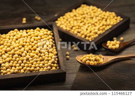 Wooden spoon, wooden box, soybeans Wooden spoon, wooden box, soybeans 115466127