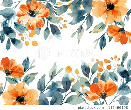 Minimalist summer flower frame, watercolor style, orange and green florals, white background, elegant and simple, text space, bright and fresh Minimalist summer flower frame, watercolor style, orange and green florals, white background, elegant and simple, text space, bright and fresh 115466198
