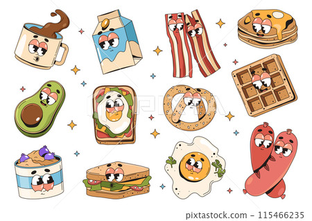 Set of breakfast comic characters. Vector pop art 115466235