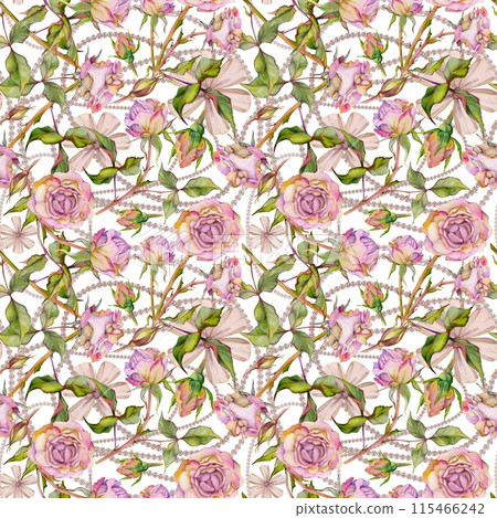 Hand drawn watercolor illustration shabby boho botanical flowers leaves. Dusty English tea rose, withered head bud, pink cream. Pearl beads. Seamless pattern isolated on white. Design wedding, paper Hand drawn watercolor illustration shabby boho botanical flowers leaves. Dusty English tea rose, withered head bud, pink cream. Pearl beads. Seamless pattern isolated on white. Design wedding, paper 115466242