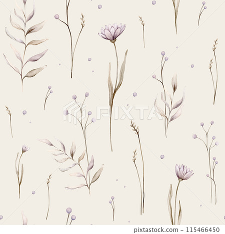 Watercolor seamless pattern floral delicate pastel vintage green violet brown bouquet. Hand drawn illustration isolated on white background. Repeat flower and herb herds pastel color Watercolor seamless pattern floral delicate pastel vintage green violet brown bouquet. Hand drawn illustration isolated on white background. Repeat flower and herb herds pastel color 115466450