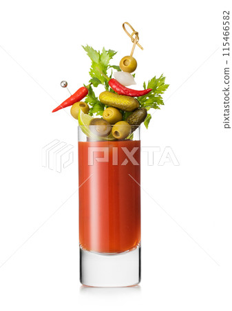 Large bloody mary cocktail with stick and pickles,celery,olives,pepper and onion on white. 115466582