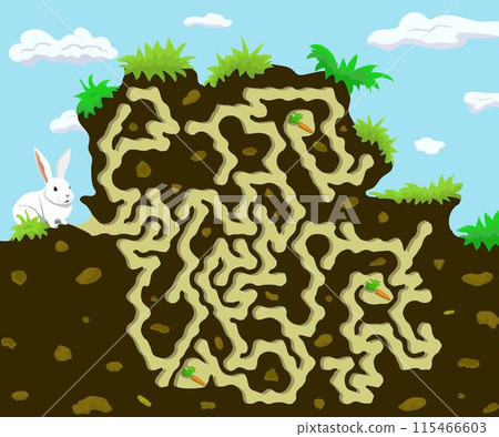 Help rabbit to find three carrots. Maze game for kids with bunny and his burrow. Colorful vector 115466603