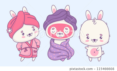 Cute bunnies collection. Happy white rabbit, funny in pink robe, with cosmetic mask on his face in towel. Isolated cartoon animals kawaii characters. Vector illustration. 115466608