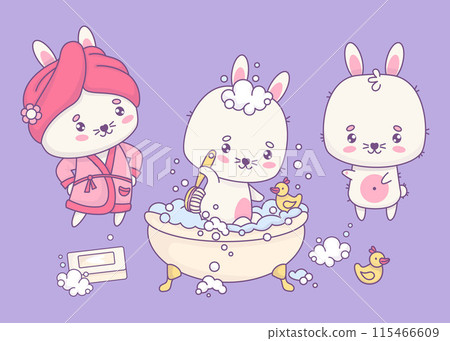 Cute bunnies collection. Funny white rabbits in pink bathrobe and towel, bathing in bubble bath with rubber duck. Isolated cartoon animals kawaii characters. Vector illustration. 115466609