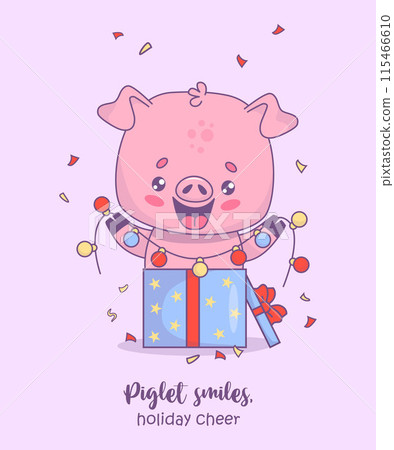 Cute happy pig in gift box with festive garland. Vector illustration. Holiday card with funny cartoon kawaii animal character with cool slogan. Kids collection. 115466610