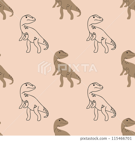 Boho Allosaurus seamless pattern. Baby fabric pattern design with dino cartoon drawing as vector	 115466701