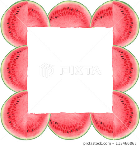 Watermelon slice with a few seeds square frame. Watercolor illustration isolated on white background, hand drawn for food design. Packages, juice, smoothie, menu, organic food, ice cream label, logo 115466865