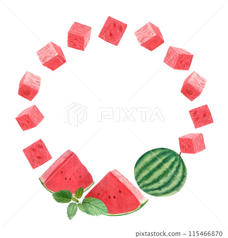 Watermelon whole, juicy slice and cubes. Watercolor round frame isolated on white background, hand drawn for food design. Packages, juice, smoothie, menu, organic food, ice cream label, logo Watermelon whole, juicy slice and cubes. Watercolor round frame isolated on white background, hand drawn for food design. Packages, juice, smoothie, menu, organic food, ice cream label, logo 115466870