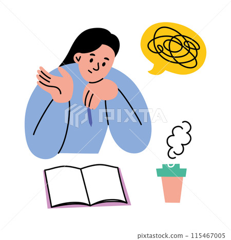 Vector illustration of a girl student thinking over an open notebook with a pen in hand, doing homework with confusion and pondering. Flat cartoon style, for educational themes, school, and learning Vector illustration of a girl student thinking over an open notebook with a pen in hand, doing homework with confusion and pondering. Flat cartoon style, for educational themes, school, and learning 115467005
