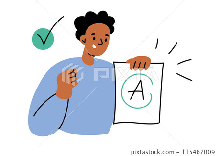 Vector illustration of a happy student with top test or exam results. Flat cartoon style. Education, study, and learning. Success and achievement in school, university, or college. Celebration and joy Vector illustration of a happy student with top test or exam results. Flat cartoon style. Education, study, and learning. Success and achievement in school, university, or college. Celebration and joy 115467009