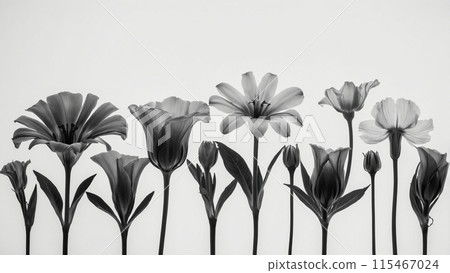 flowers in a row on a white background. monochrome shot flowers in a row on a white background. monochrome shot 115467024