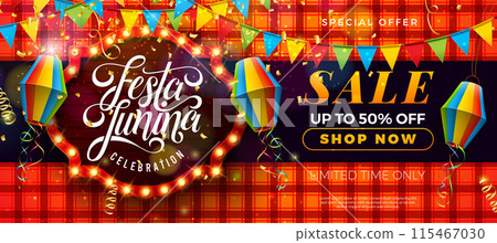 Festa Junina Sale Promotional Business Illustration with Paper Lantern, Party Flag and Glowing Neon Light Letter on Red Checkered Background. Vector Festa de Sao Joao Special Offer Illustration for 115467030