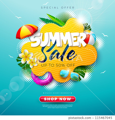 Summer Sale Business Banner Design with Flower and Beach Holiday Elements on Blue Background. Tropical Vacation Vector Floral Illustration with Special Offer Typography for Coupon, Voucher, Flyer 115467045