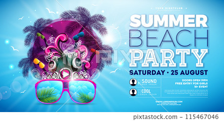 Summer Beach Party Banner Design with Tropical Palm, Sunglasses and Speaker on Ocean Blue Background. Vector Summer Holiday Illustration with Exotic Palm Leaves and Seagull for Flyer, Invitation or 115467046