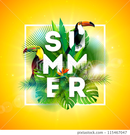 Tropical Summer Holiday Design with Toucan Bird and Parrot Flower on Yellow Background. Vector Typography Illustration with Exotic Palm Leaves and Phylodendron for Banner, Flyer, Invitation, Brochure 115467047