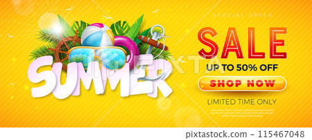Summer Sale Banner Design with Flower and Beach Holiday Elements on Yellow Background. Tropical Vacation Vector Floral Illustration with Special Offer Typography for Coupon, Voucher, Flyer Summer Sale Banner Design with Flower and Beach Holiday Elements on Yellow Background. Tropical Vacation Vector Floral Illustration with Special Offer Typography for Coupon, Voucher, Flyer 115467048