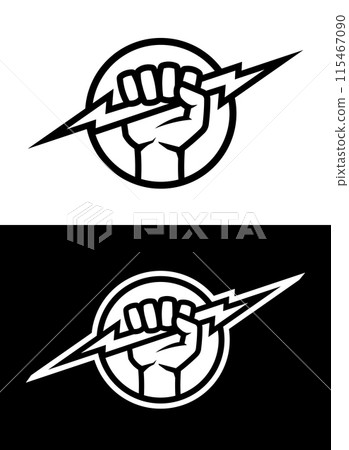 Hand holds lightning, logo on dark and light background. Hand holds lightning, logo on dark and light background. 115467090
