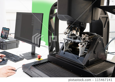 Optic machine for precise measurement of part size and quality evaluation. Smart factory.. Optic machine for precise measurement of part size and quality evaluation. Smart factory.. 115467141