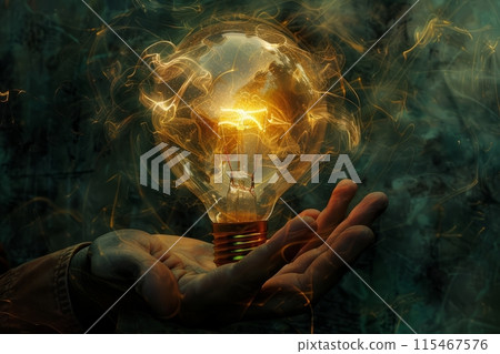 Hand holding glowing light bulb with swirling energy in dark background 115467576