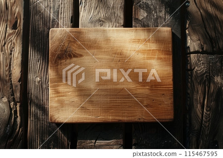 Wooden cutting board with scratch marks on rustic wooden background 115467595