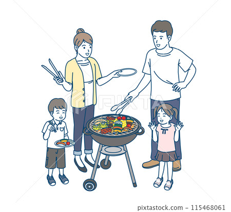 Illustration of a family cooking barbecue Illustration of a family cooking barbecue 115468061