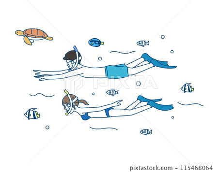 Illustration of a couple snorkeling in the sea Illustration of a couple snorkeling in the sea 115468064