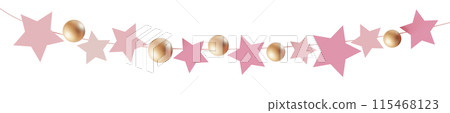 Stylish garland with gold and pink elements isolated on white background. Can be used as divider, footer or header. Happy Birthday, Mothers, Womens Day. Festoon. Its a girl, gender party. 3D. 115468123