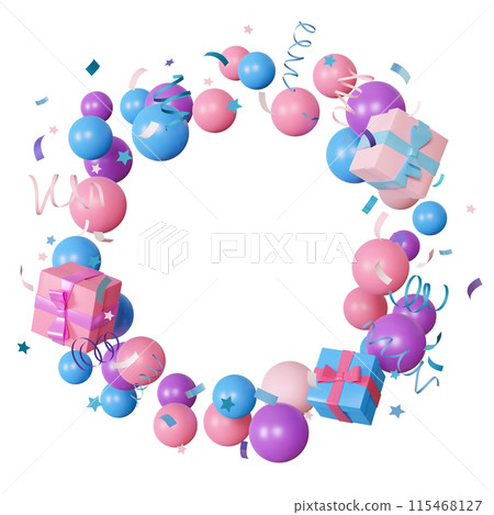 Pastel colored round frame made of colorful balloons, presents, ribbons, confetti, isolated on white background. Ideal for kids birthday cards, children party invitations. Copy space in the middle. 3D Pastel colored round frame made of colorful balloons, presents, ribbons, confetti, isolated on white background. Ideal for kids birthday cards, children party invitations. Copy space in the middle. 3D 115468127