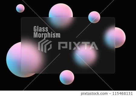 Banner made of transparent frosted glass with spheres on a black background. Banner made of transparent frosted glass with spheres on a black background. 115468131