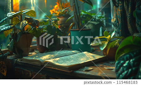 Old books and warm light surrounded by potted plants 115468183