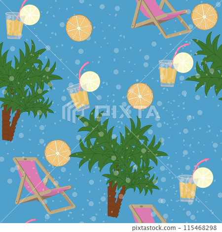 seamless pattern with beach items: beach chair, palm trees, glasses with juice, orange slices. Vector grafics for summer designs, textile decor, packaging, wrapping paper. 115468298