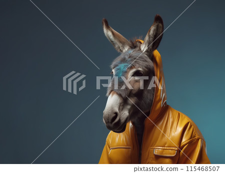 A donkey in a hoodie strikes a pose on a clean background, perfect for quirky, humorous projects. Animals. 115468507