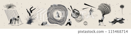 Contemporary art collage. People with tangled scribble heads, expressive gestures, and abstract elements, set against beige background. 115468714