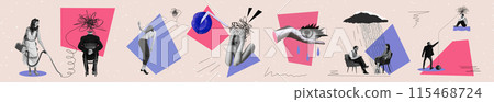 Banner. Contemporary art collage. People reflecting emotional states against beige background with geometrical shapes. Banner. Contemporary art collage. People reflecting emotional states against beige background with geometrical shapes. 115468724